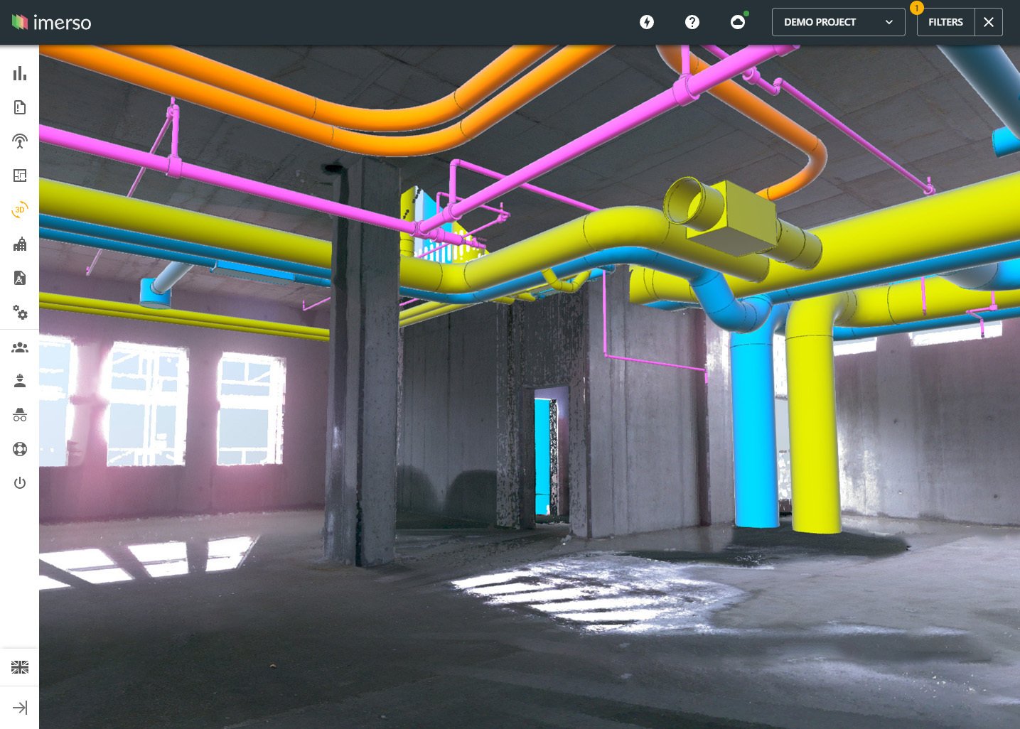 A screen of the Mixed Reality Mode feature, where BIM plans are visualised with the full context of the on-site reality through Imerso's 3D Viewer