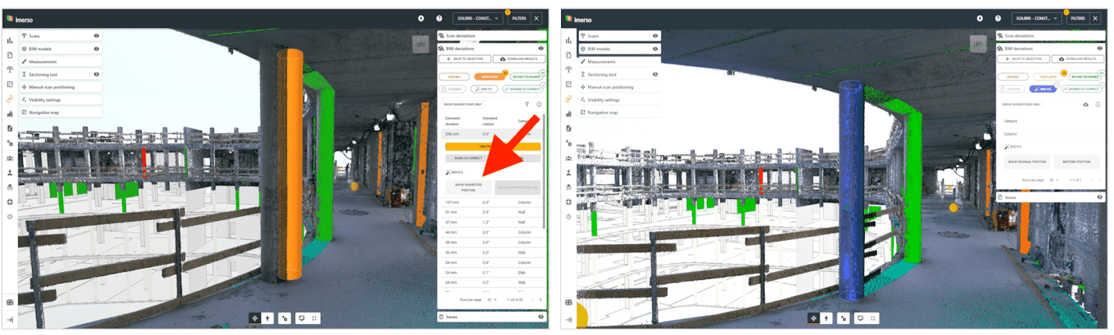 Image of a construction inspection: misplaced column on the left is automatically moved to As Built location in the right image, and ready to export.