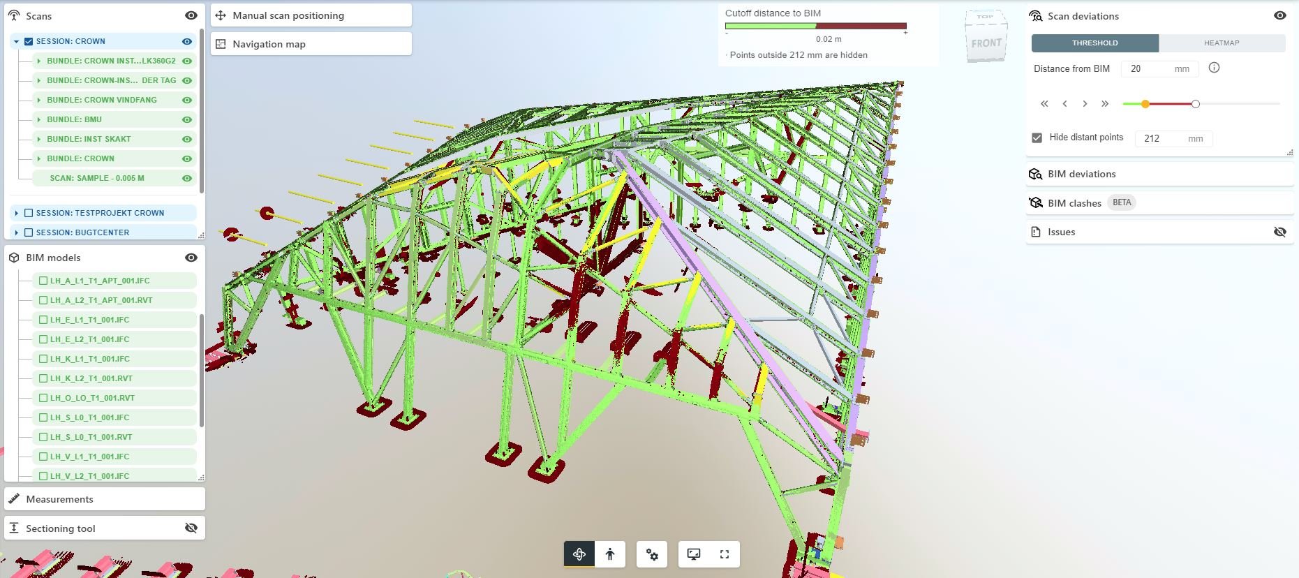 The construction team uploaded As Built data to Imerso and is running the automatic construction inspection against their BIM drawings.