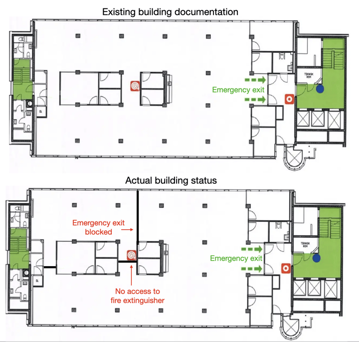 Map of a construction site that shows where deviations occur. On the image, a wall and doors block emergency escape routes