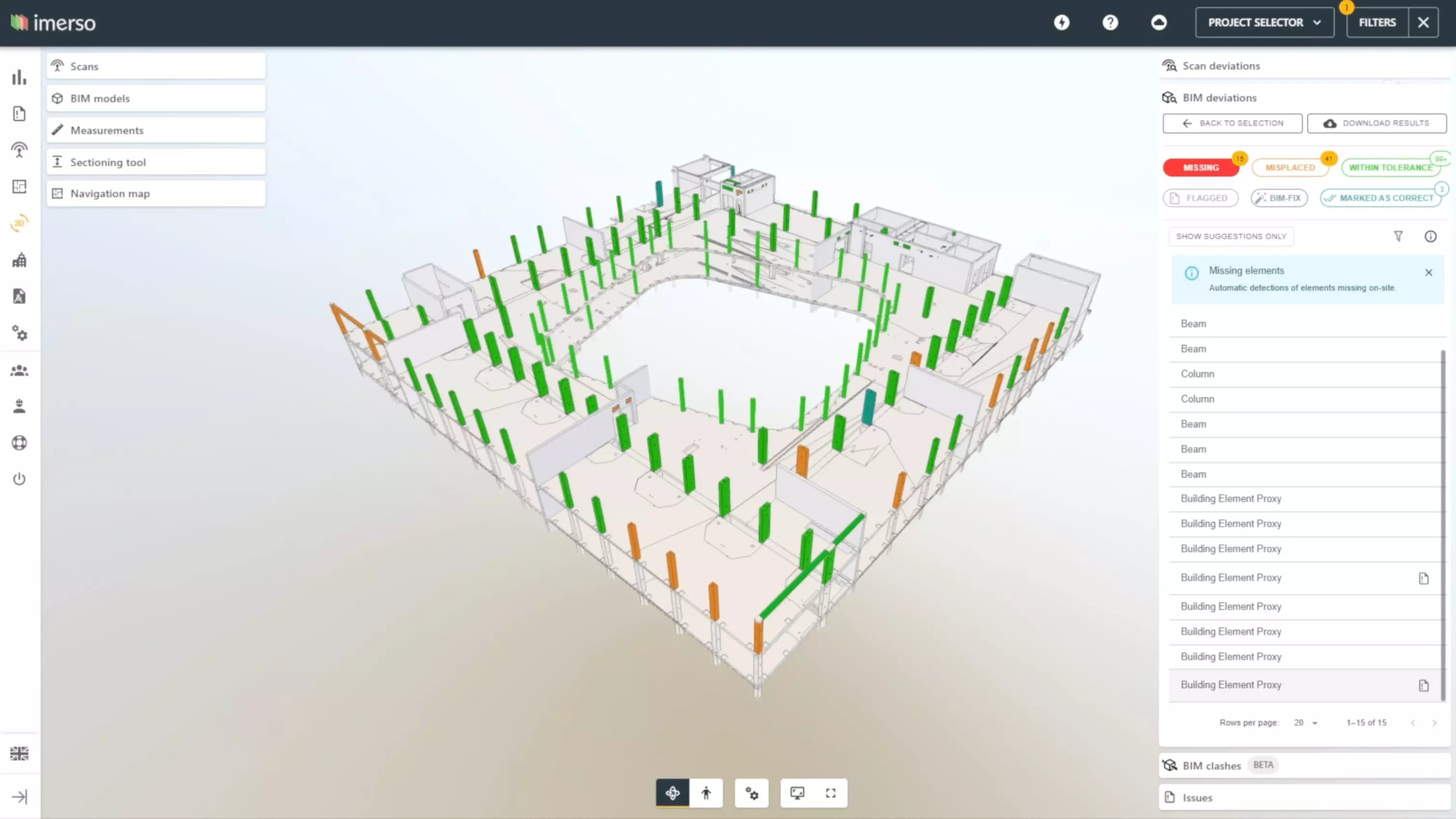 Imerso product video showcasing its capabilities: upload of BIM files, 3D scan of a construction site, inspection mode, surface analysis, etc