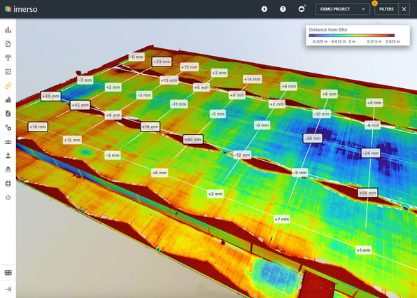 Screen of Imerso Surface Analyser that lets to confirm surface flatness levels, grid measurements to detect out-of-tolerance elevations or depressions