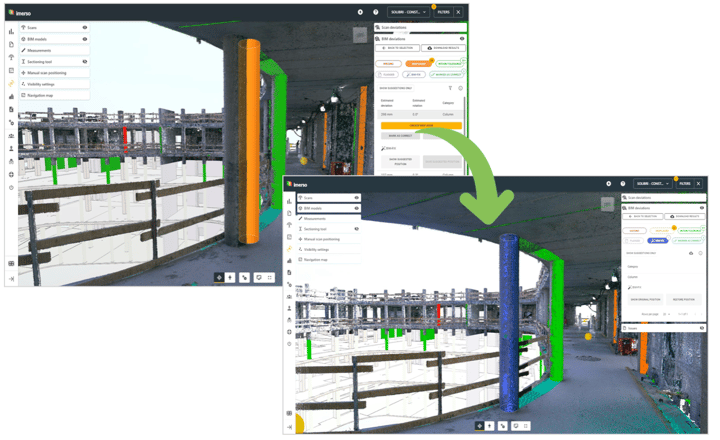 Image of a construction site in 3D view. Imerso highlightes deviations in pipes location between reality and BIM plans