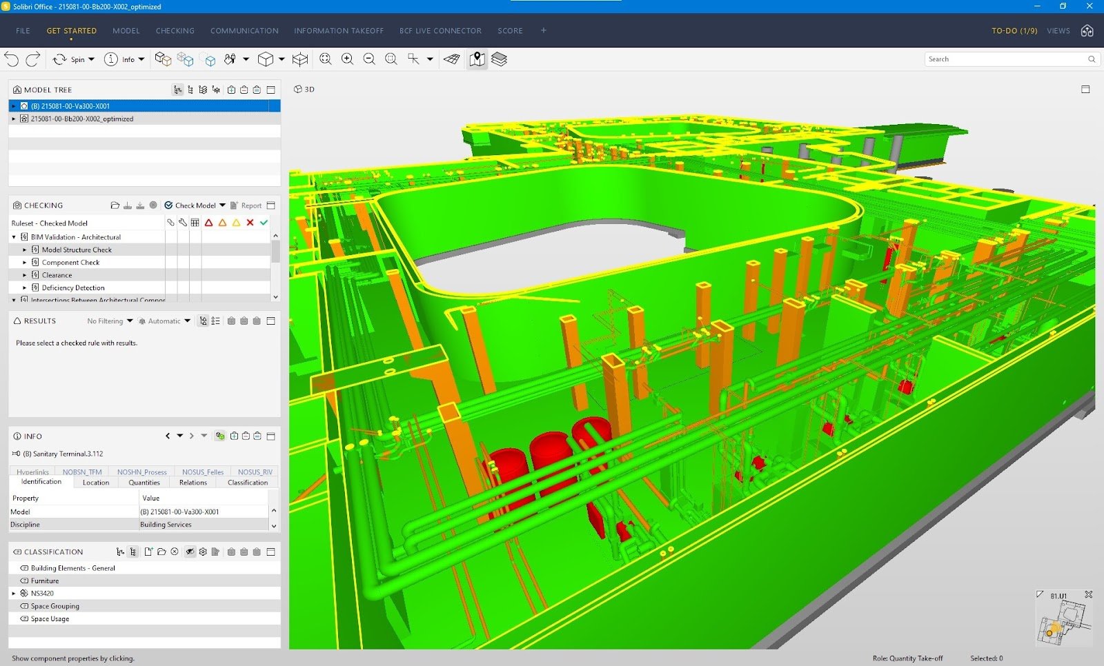 A BIM model enriched with the As Built status can be exported from Imerso and loaded into Solibri for further analysis, such as quantity takeoffs.