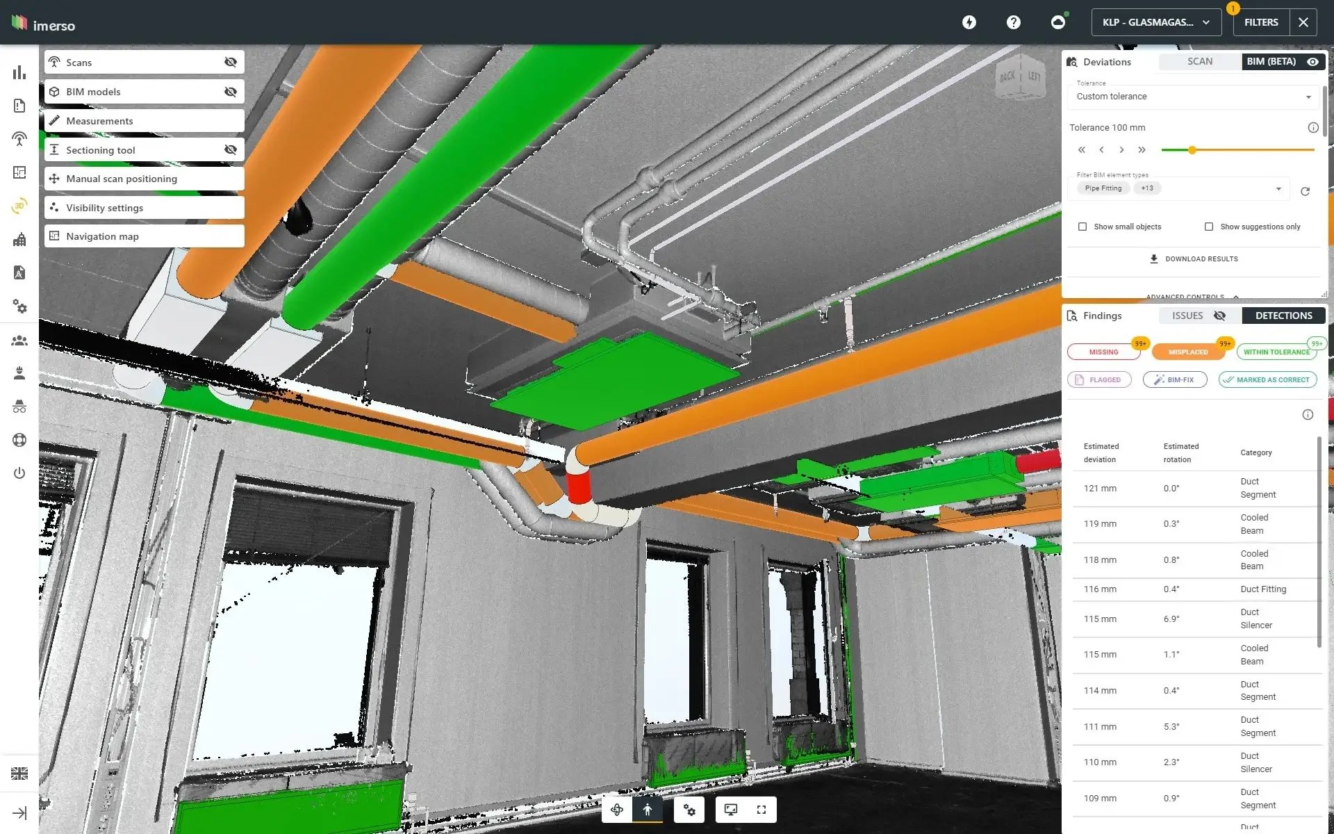 KLP construction site management object. The photo shows As Built construction model based on laser scanning and objects with deviations.