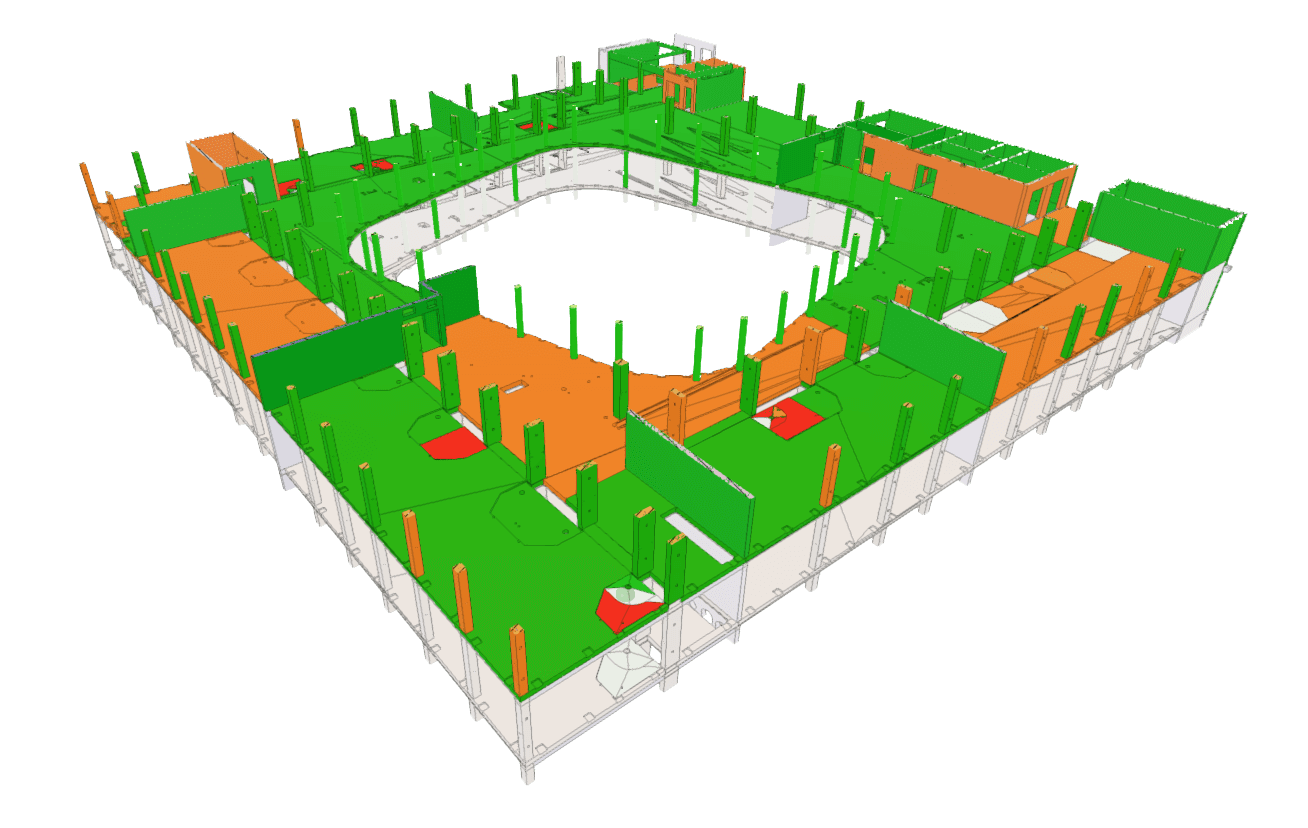 A screen shows construction model with objects within tolerance, missing, and misplaced. Imerso uses colourcodes to highlight the object status