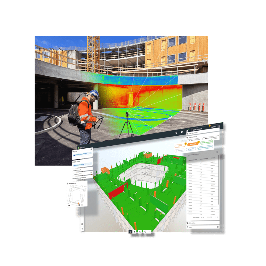Imerso picture of the construction management platform and 3D scanning results 