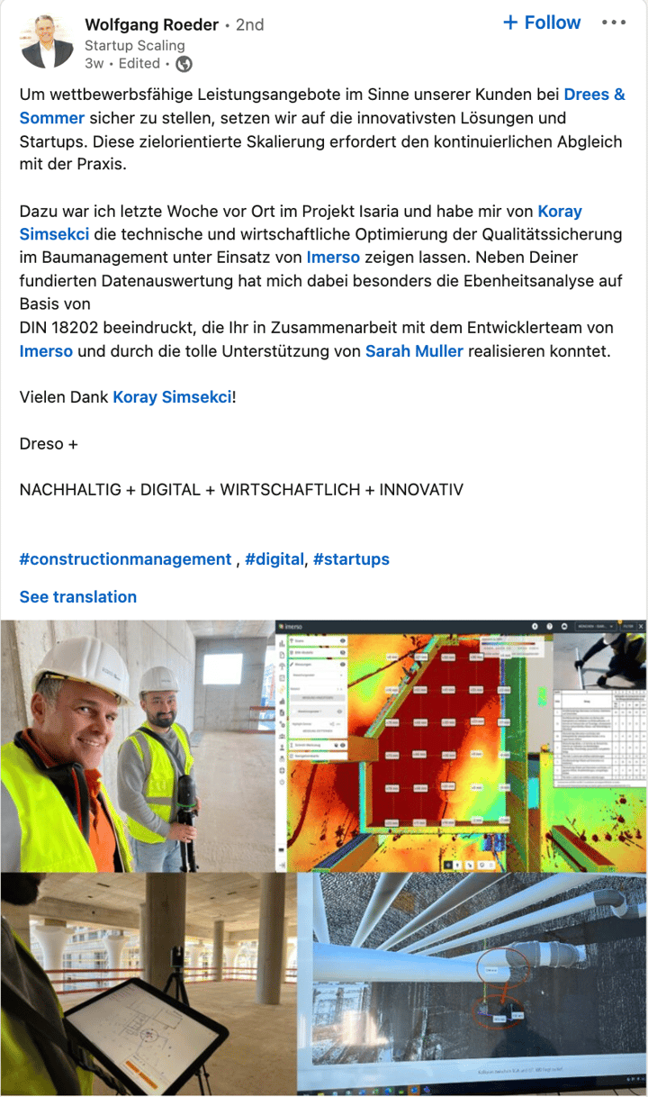 Wolfgang Roeder from Drees & Sommer sharing his opinion about Imerso - construction inspection software, and impact on their construction project.