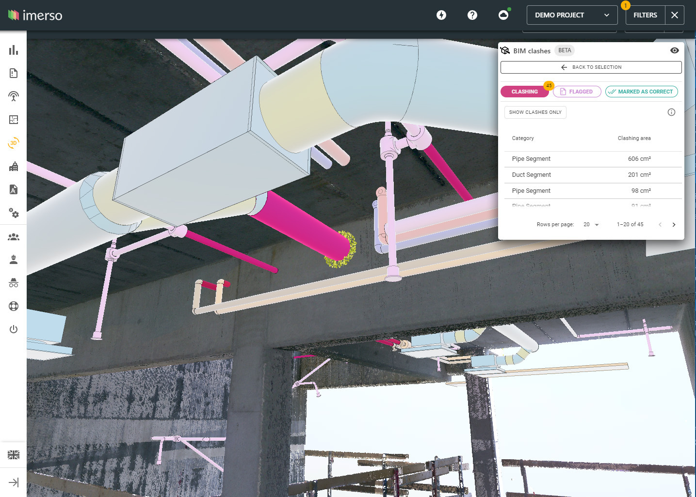 A screen of Imerso's AI Clash-Prediction that allows avoiding costly delays via AI verification of planned construction work against site conditions